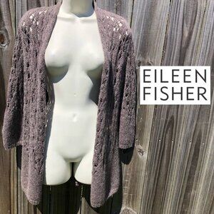 Eileen Fisher Wool Mohair Cardigan XS Sweater Open Crochet Brown Tan Top Knit